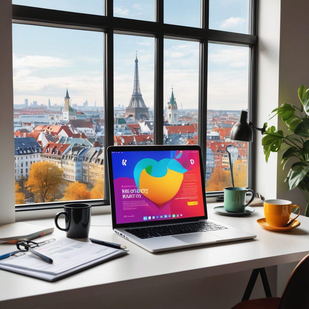 A professional workspace featuring a modern desk with a sleek laptop displaying a vibrant European CV template. Surrounding the desk are various motivational elements like a globe, career books, and a steaming cup of coffee. The background showcases a large window with a bright view of a thriving European cityscape. The atmosphere feels inspiring and dynamic, encouraging ambition and growth. super-realistic. vibrant colors. white background.