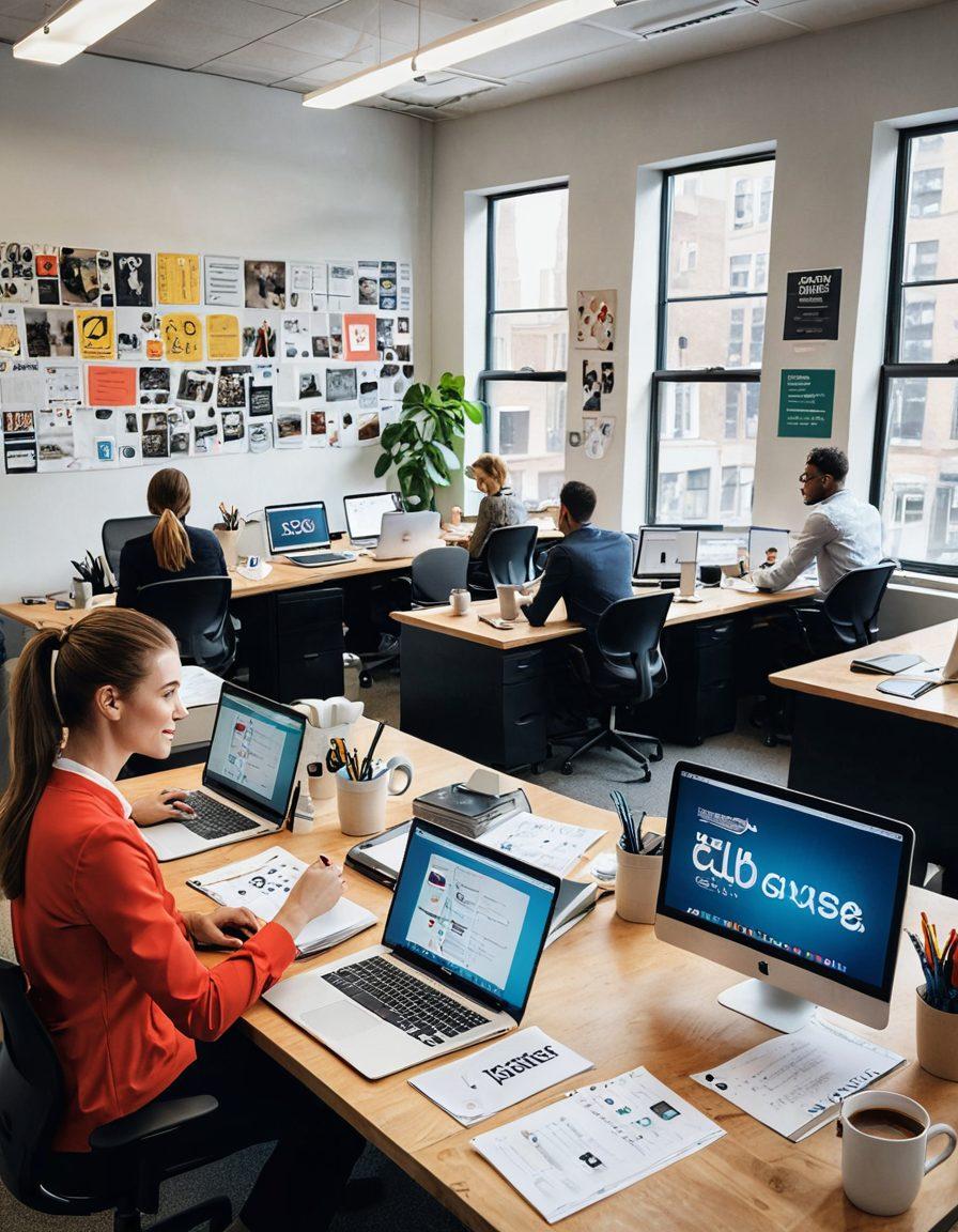A visually engaging scene featuring a diverse group of young professionals in a bright office setting, each focused on creating their CVs. Include elements like laptops, notepads, and coffee cups, with motivational posters on the walls about job success. Infuse colors and graphics that evoke confidence and ambition. Incorporate icons representing key CV components like skills, achievements, and education scattered around. vibrant colors. 3D.